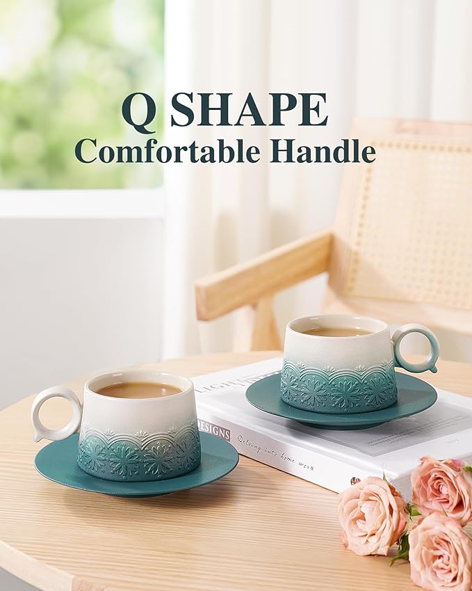 ZENS 7.3 Ounce Cappuccino Mug Set of 2, Artistic Embossed Cappuccino Cups Set with Saucers, Ceramic Coffee Cups for Double Espresso, Au Lait, Latte or Tea, Coffee Lovers Gifts, Dark Green