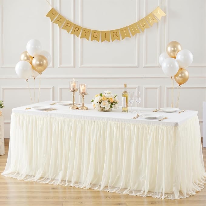 Suppromo Ivory Tulle Tablecloth for 8 Foot Rectangular Table 8ft Ivory Rectangle Table Cloth Wrinkle Free Tablecover with Tutu Skirt for Wedding Birthday Party Bridal Shower Banquet Buffet Cake Event
