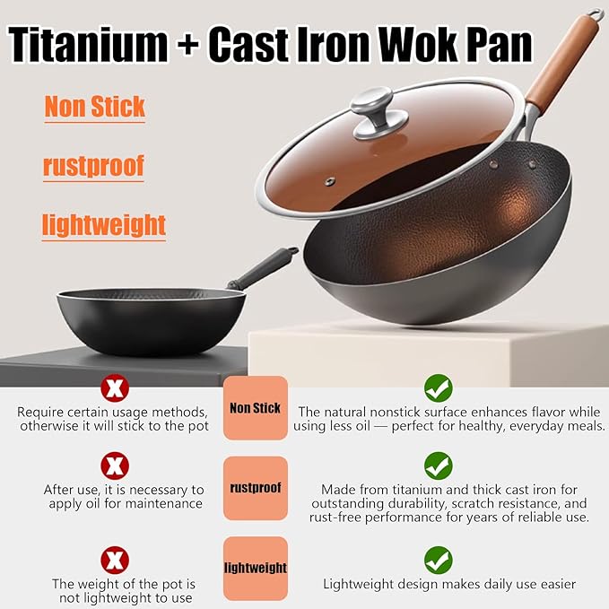 Titanium Hammered Wok with Lid, Pre-Seasoned Cast Iron Nonstick Stir-Fry Pan, Flat Bottom Wok, Scratch-Resistant Non Stick Titanium Pans for Cooking,11.81IN