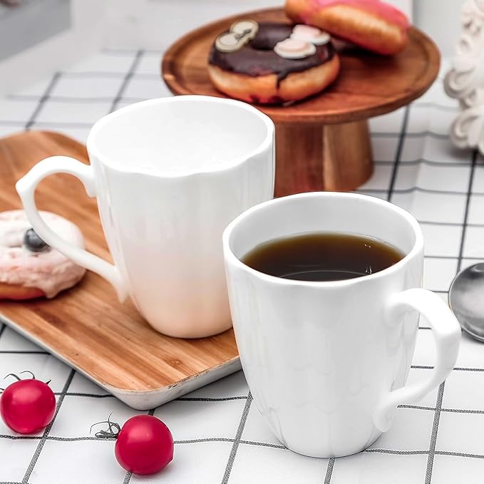 Fine Bone China Coffee Mugs Set of 2 (12 oz), White Pumpkin Shaped Tea Cups, Lightweight Ceramic Coffee Mugs for Women, DIY Gifts for Festival, Microwave Oven and Dishwasher Safe