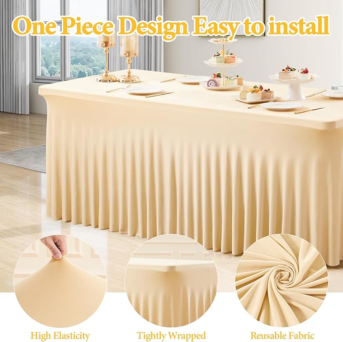2 Packs Champagne Spandex Table Clothes for 8 Foot Rectangle Table, Spandex Table Covers 8FT Stretch Table Skirts Wrinkle Free Fitted Tablecloth for Event, Wedding, Banquet & Parties