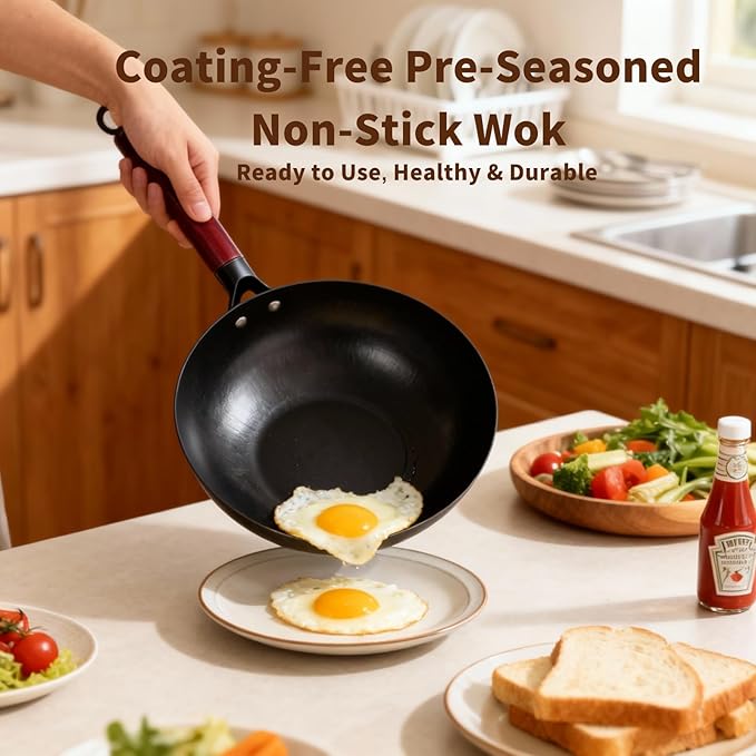 Uncoated Carbon Steel Wok with Wooden Handle (12 Inch) - Traditional Chinese Stir Fry Pan for High Heat Cooking, Non-Toxic, Easy Cleanup, Induction & Stovetop Compatible with Hanging Loop