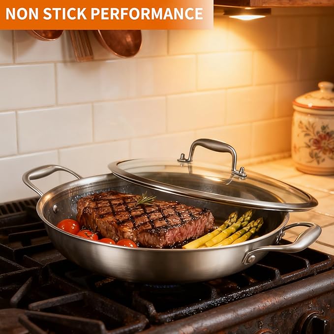 DELARLO Tri-Ply Stainless Steel Wok 13in Nonstick Deep Wok Pan with Lid,Stir-Fry Pans,5.5QT Cooking Pot induction Large woks,Compatible with All Cooktops Up to 550°F(Double Handle)