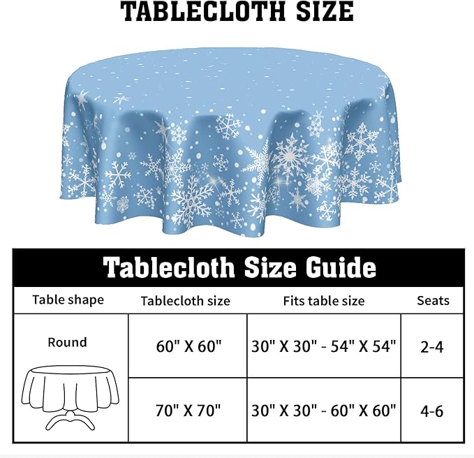 Winter Tablecloth Round 70 Inch Blue Christmas Snowflake Table Cloth Round Blue and White Xmas Holiday Table Cover for Kitchen Dinner Home Decor