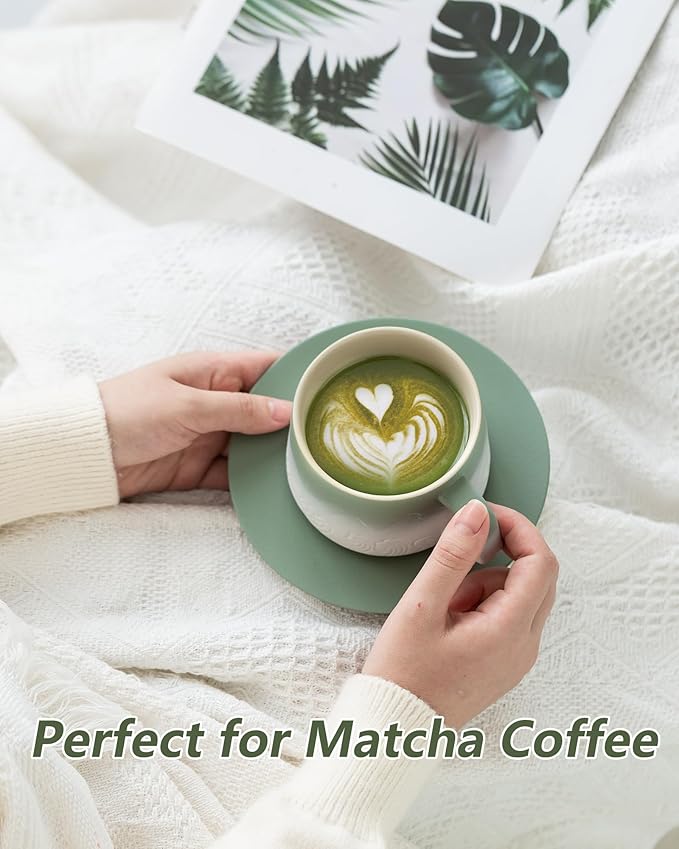 ZENS 8 Ounce Artistic Cappuccino Cups Set of 2, Embossed Ceramic Coffee Mug with Saucers for Latte Art, Moss Green & White