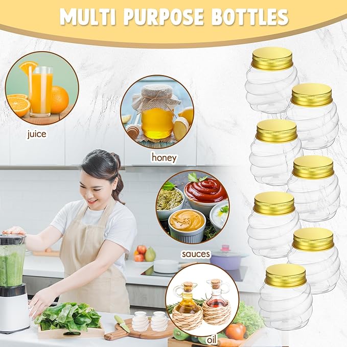Suclain 25 Pcs 4 oz Mini Honey Jars Party Favors in Bulk Honeycomb Plastic Jars with Gold Lids Wide Mouth Canning Small Containers for Wedding Favors, Baby Shower DIY Gift Jelly Herb Jams Candy