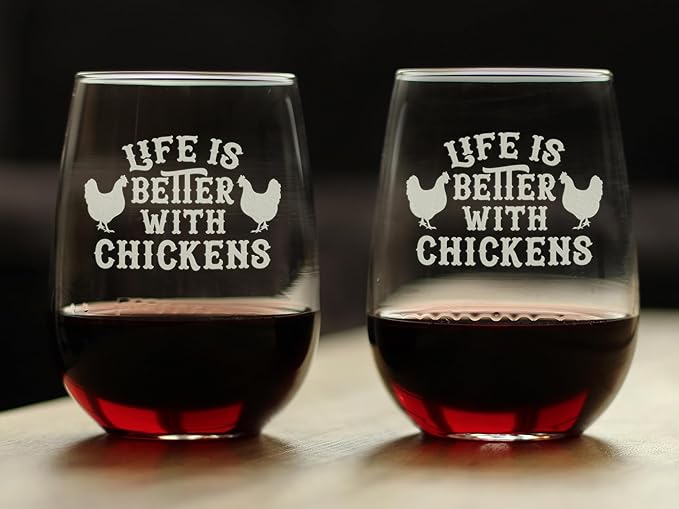 Life is Better with Chickens - Stemless Wine Glasses - Set of 2 - Unique Chicken Themed Decor & Gifts For Chicken Enthusiasts - Large 17 Ounce