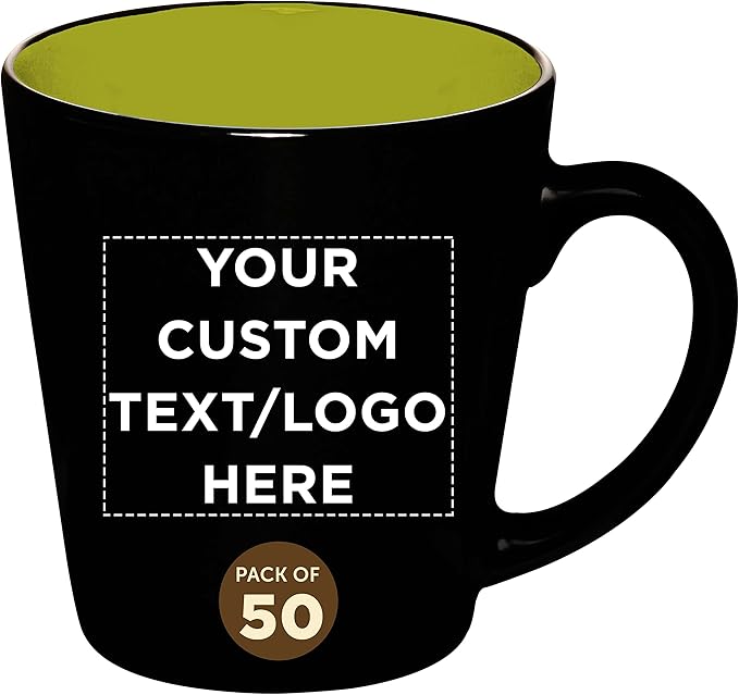 Custom Ceramic Coffee Latte Mugs 12 oz. Set of 50, Personalized Bulk Pack - Perfect for Coffee, Tea, Espresso, Hot Cocoa, Other Beverages - Lime Green
