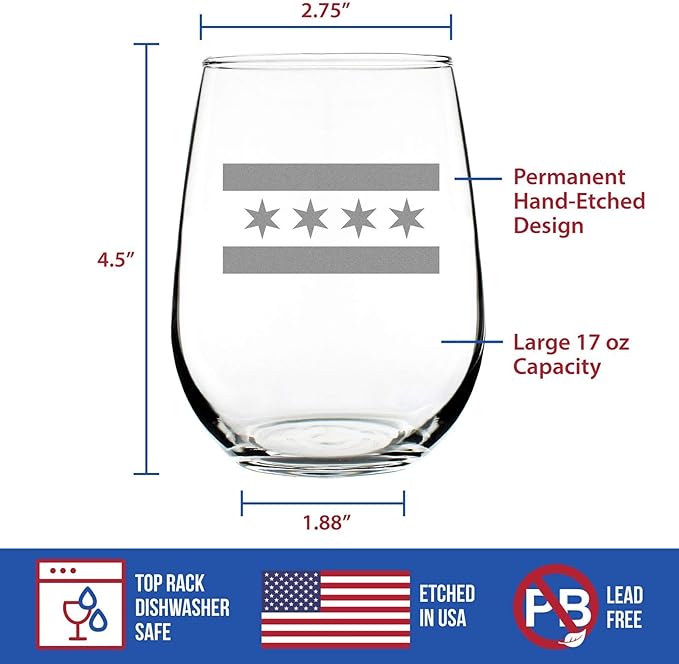 Bevvee Chicago Flag – Stemless Wine Glasses - Chitown Gifts - Large 17 Ounce