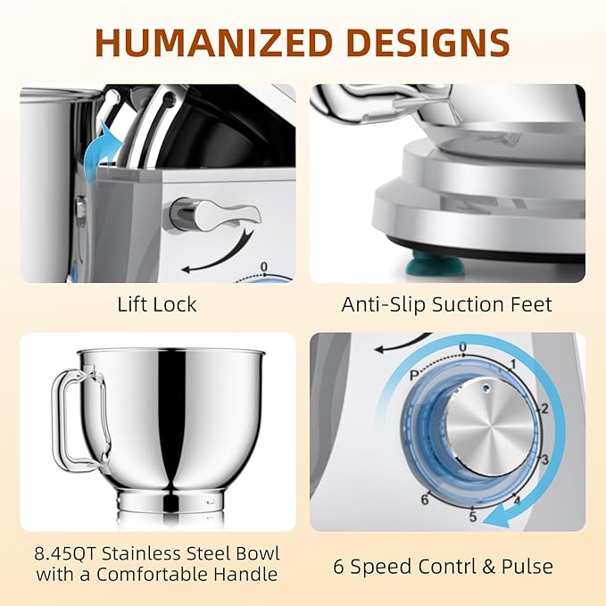 Dough Mixer 8.45 QT Electric Mixer - 660W 6 Speed Large Capacity Kitchen Stand Mixer with Whisk Dough Hook Mixing Beater Household Food Mixer for Baking Cakes Cookie Bread Salad(Silver)