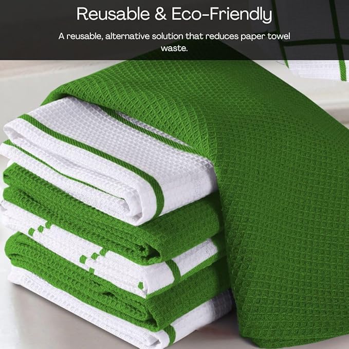 Assorted Waffle Kitchen Dish Towels 100% Cotton Set of 6, Soft Absorbent Quick Drying Table and Kitchen Linen, Tea Towels and Cleaning Towels with Hanging Loop, Dish Towels 15x25 Green
