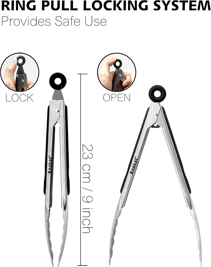 Anaeat Premium Stainless Steel Kitchen Tong, 9" Sturdy Coiled Spring Locking Food Tong with Non-Slip Silicone Grip for Cooking, Baking, Grilling, BBQ - Heat Resistant up to 480°F (Black)
