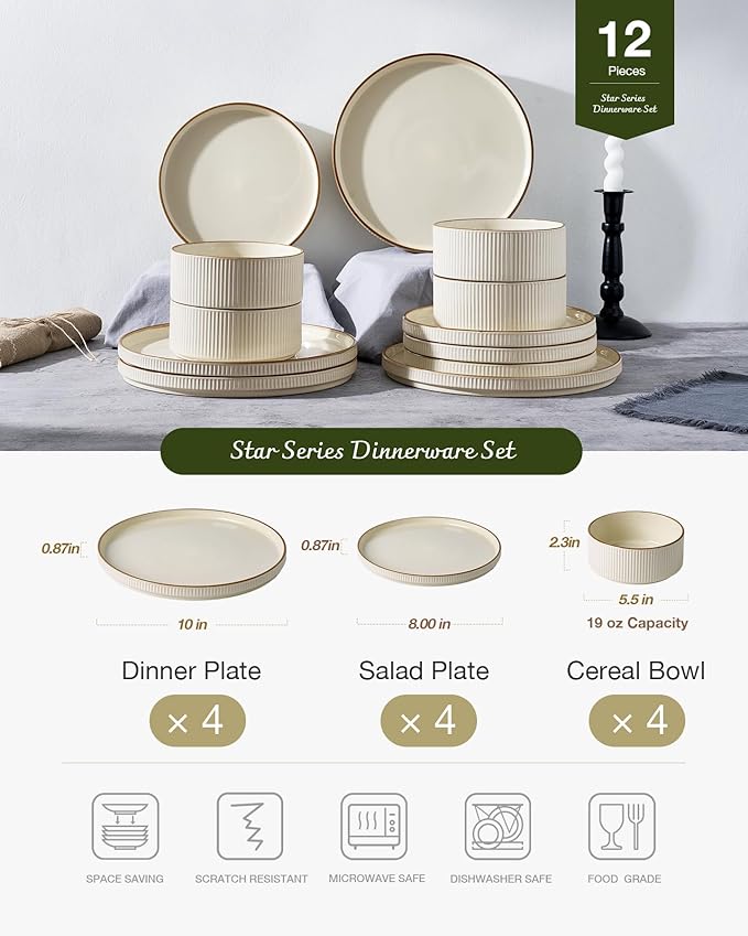 Famiware Star Dinnerware Set, Plates and Bowls Sets for 4 (12pcs), Ribbed Stoneware Dishes with Trim - Chip & Scratch Resistant, Microwave & Dishwasher Safe, Cream