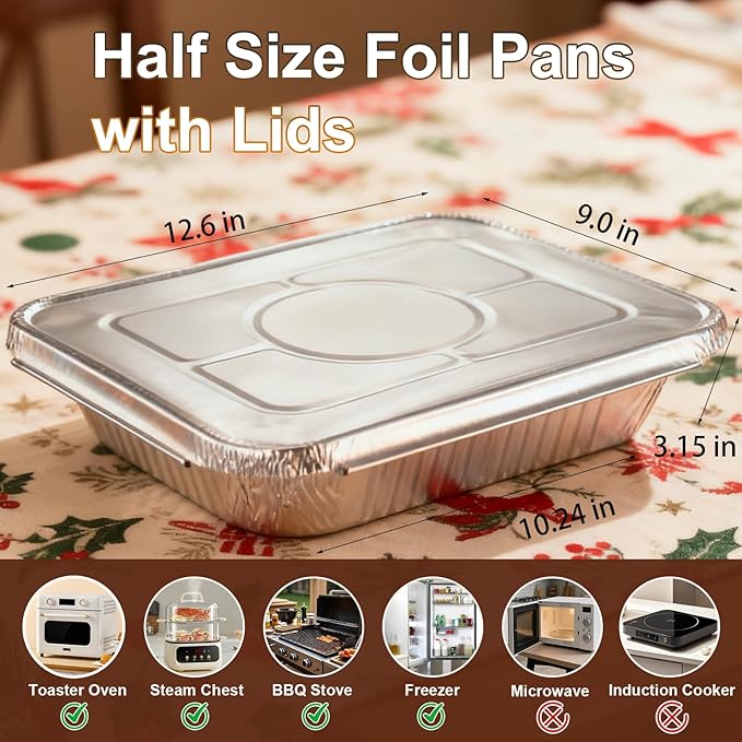 9x13 Aluminum Foil Pans with Lids - 25 Pack Disposable Half Size Deep Steam Table Tin Foil Pans for Oven Baking Cake, Roasting, Food Prepping, Storing, Freezing, Chafing