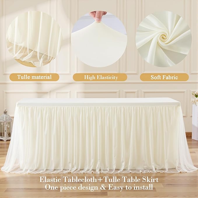 2 Pack 8ft Ivory Tulle Tablecloths for Rectangle Tables, 8 Foot Ivory Rectangular Table Cloth Wrinkle Free Tablecover with Tutu Skirt for Wedding Baby Shower Birthday Party Banquet Buffet Cake