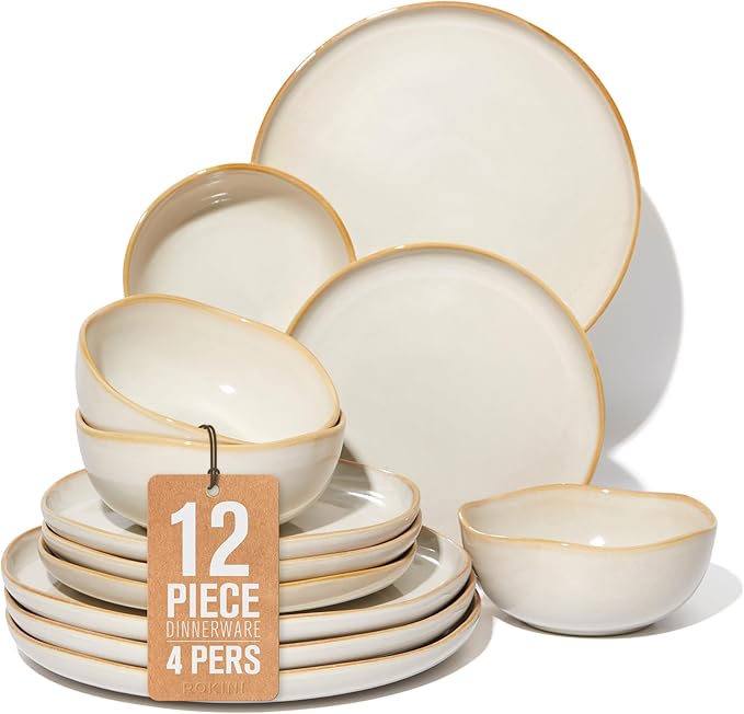 Ceramic Plates and Bowls Set, Everyday Dinnerware Set for 4, Wavy Rim Kitchen Dish Set, Chip Resistant Dishware Sets, Dishwasher Safe Dinner Set, Designed for Simple Meals, Yellow White