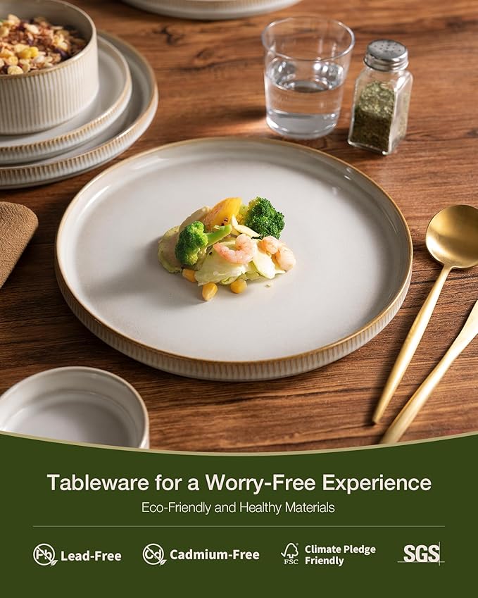 famiware Star Dinnerware Sets, Plates and Bowls Set for 4, 12 Pieces Ribbed Dishes - Chip and Scratch Resistant, Microwave and Dishwasher Safe Tableware, Cappuccino White