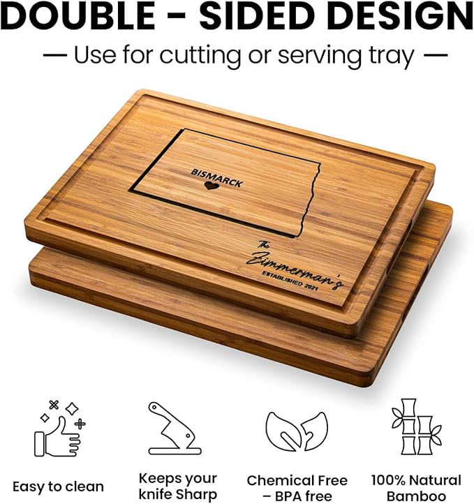 Destination Cutting Board North Dakota Gifts, Personalized Wooden States Decor, Bamboo State Cutting Boards - Map Decor for Home, USA Gifts