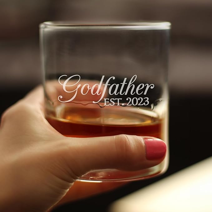 Bevvee Godfather Est 2023 - New Godfather Whiskey Rocks Glass Proposal Gift for First Time Godparents - Decorative 10.25 Oz Glasses