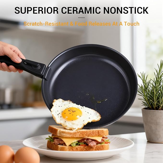 Ammeloo 21 Pcs Pots and Pans Set Non Stick with Detachable Handle & Grill Pan, Induction Ceramic Cookware Set, Non Toxic Kitchen Pots and Pans Set for RVs,Camping, Oven/Dishwasher Safe, Black