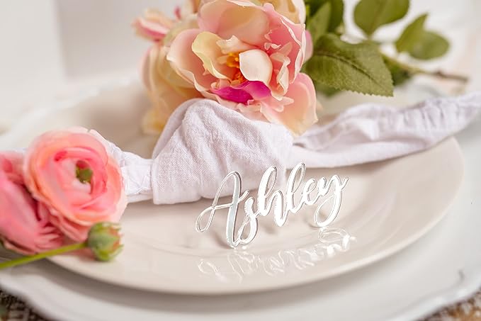 Acrylic Customized Wooden Name Tags for Place Setting, Personalized Place Cards for Weddings, Bridal Showers and Events, Cursive Laser Cut Seating Cards