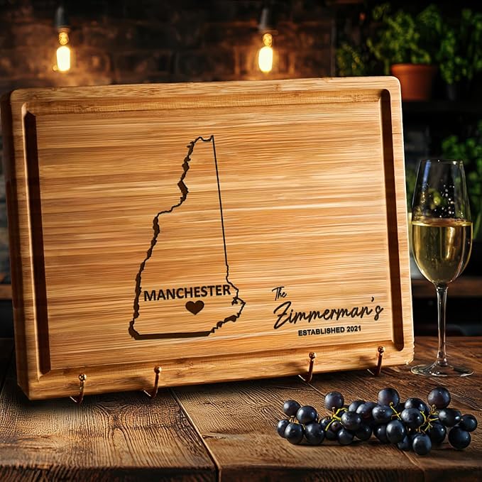 State Shaped Cutting Board New Hampshire - Personalized Destination NH Gifts, Housewarming Gifts, Custom Bamboo Home Decor