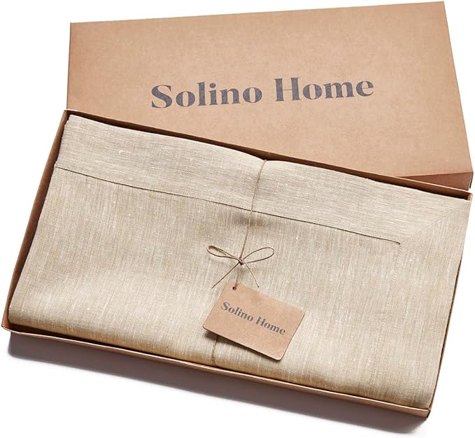 Solino Home Linen Tablecloth 90" L x 60" W Inch – 100% Pure Linen Champagne Beige Tablecloth – Machine Washable Rectangle Tablecloth for Holiday Decor – Athena