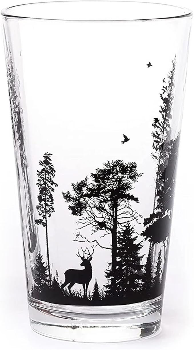 Black Lantern Forest Animal Pint Glass – 16 oz Craft Beer Glass with Wildlife Landscape Print – Heavy Base Barware
