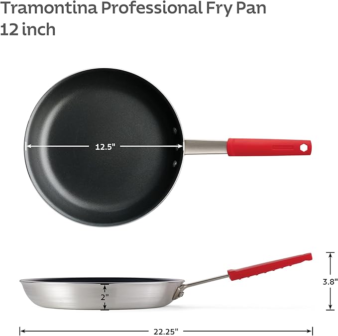 Tramontina Professional 12-Inch Non Stick Large Frying Pan, Heavy-Gauge Aluminum Skillet with Reinforced Nonstick Coating, Red Handle, Dishwasher and Oven Safe