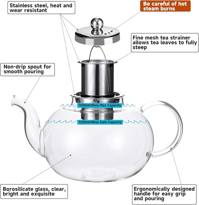50OZ/1500ML Glass Teapot with Stainless Steel Removable Infuser & Lid, Stovetop & Microwave Safe Clear Borosilicate Glass Tea Maker Water Kettle for Loose Leaf Blooming Tea