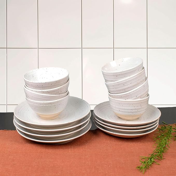 Sango Siterra 16-Piece Rustic White Stoneware Dinnerware Set – Service for 4, White with Glossy Speckle Overlay, for Everyday Dining & Entertainment, Microwave & Dishwasher Safe