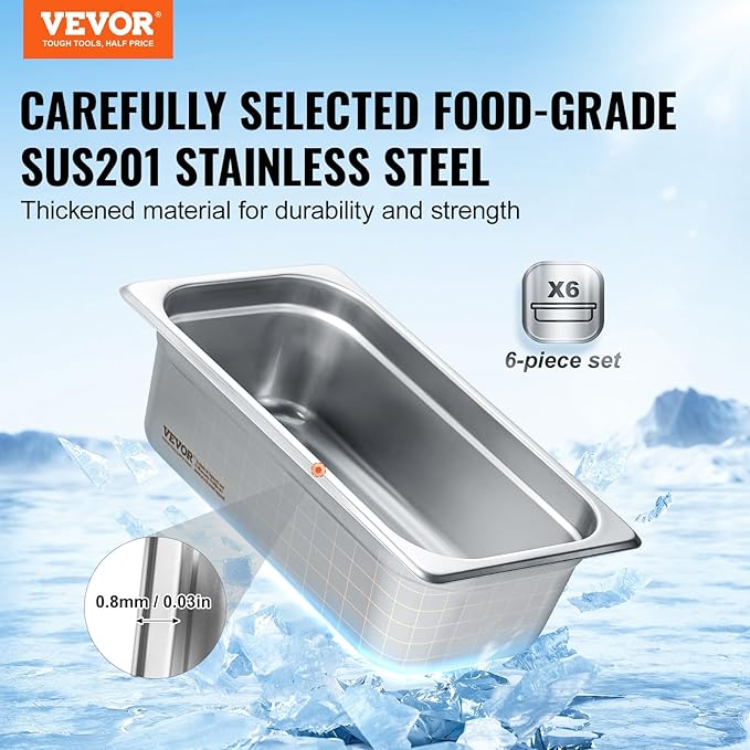 VEVOR 6-Pack Stainless Steel Hotel Pans - 1/3 Size 4-Inch Deep 0.8mm Thick Anti-Jam Commercial Food Pans for Steam Tables, Restaurants, Catering & Industrial Use