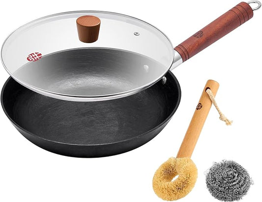 WANGYUANJI 11 Inch Cast Iron Skillet with Glass Lid, Deep Flat Bottom Frying Pan, Uncoated Naturally Nonstick Pan for Steak, Eggs & Stir-Fry, Compatible with Gas, Electric & Induction Cooktops