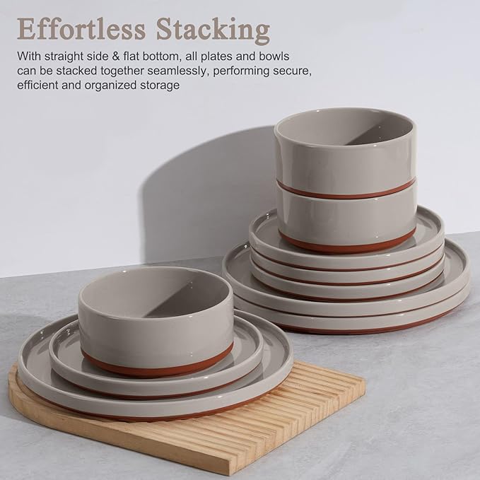 LIANYU 18 Piece Dinnerware Sets for 6, Modern Style Stoneware Dinnerware Set, Scratch Resistant, Dishwasher Safe Bowl and Plate Sets, Ceramic Dish Dinner Set, Terra Brown