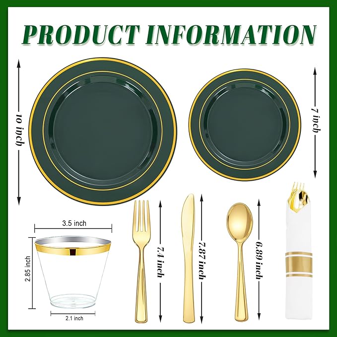 350PCS Green and Gold Plates - Green Plastic Plates 50Guests Plastic Plate with Rolled Napkins for Party/Birthday/St. Patrick's Day