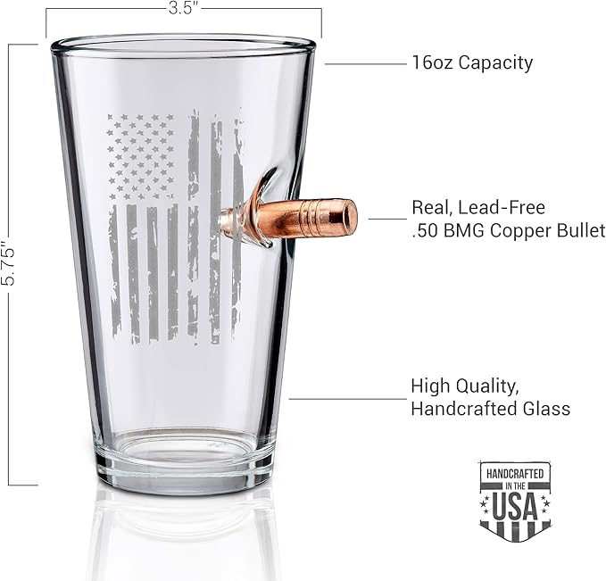 BenShot US Flag Pint Glass with Real 0.50BMG Bullet - 16oz | Made in the USA