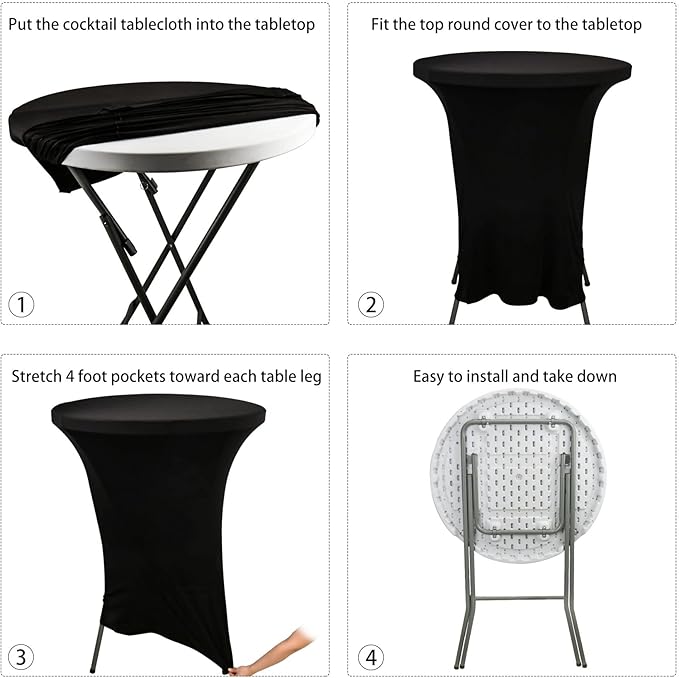 2 Pack Cocktail Spandex Tablecloth 32"x43" Cocktail Table Cover Fitted for High Top Round Table for Bar Wedding Birthday Party Banquet (Black)
