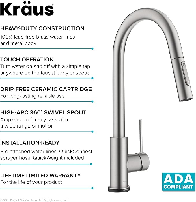 KRAUS Oletto Contemporary Single-Handle Touch Kitchen Sink Faucet with Pull Down Sprayer in Spot Free Stainless Steel, KTF-3104SFS