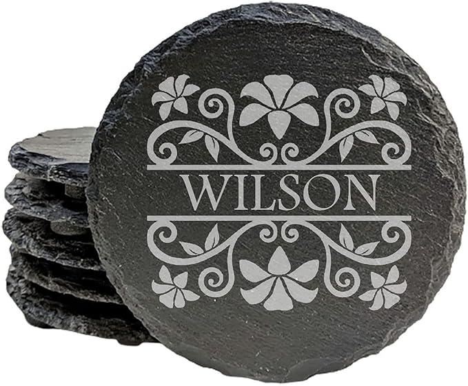 Personalized Monogram Family Coasters, Natural Stone Set, Birthday, Wedding, Customized, Rustic - Round Slate - Set of 6