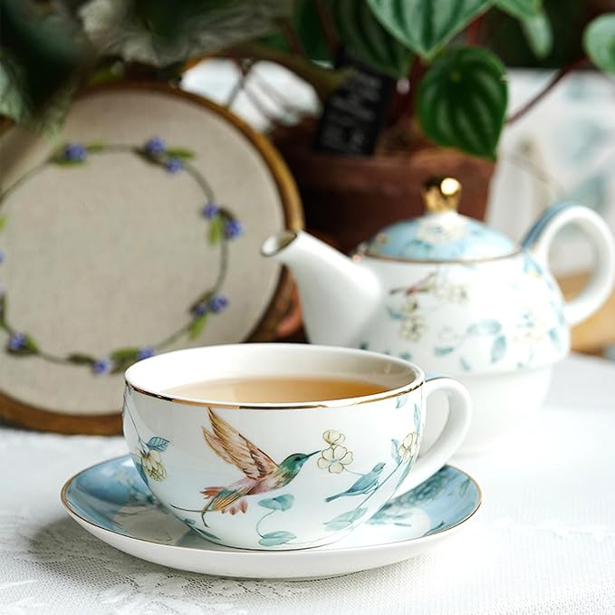 Porcelain Tea for One Teapot and Cup Set, Vintage Floral Porcelain Tea Pot Sets Gift for Women