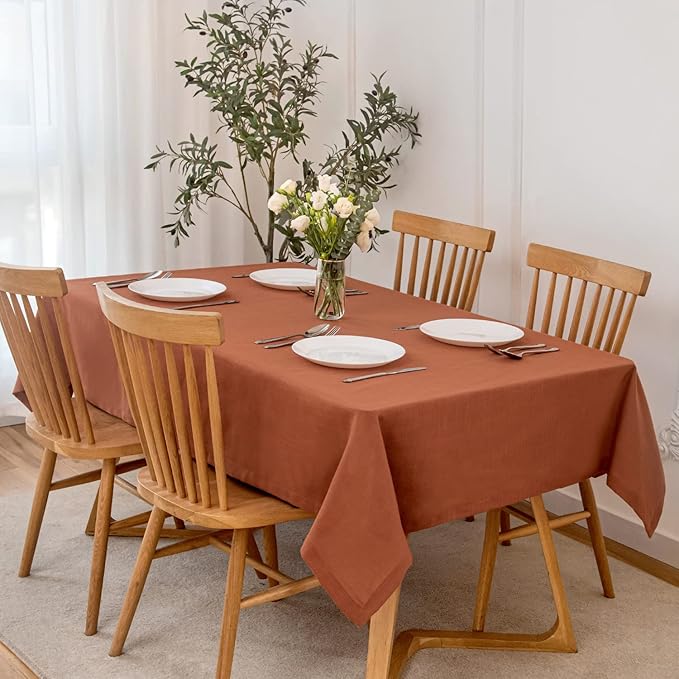 maxmill Lux Faux Linen Table Cloth with Slubby Texture Wrinkle Resistant Soft Anti-Shrink Tablecloth for Kitchen Dining Tabletop Fall Harvest Thanksgiving Parties Dinner Rectangle 52 x 70 Inch Rust