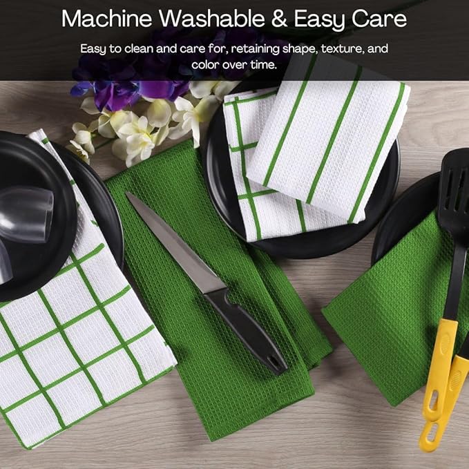 Assorted Waffle Kitchen Dish Towels 100% Cotton Set of 6, Soft Absorbent Quick Drying Table and Kitchen Linen, Tea Towels and Cleaning Towels with Hanging Loop, Dish Towels 15x25 Green