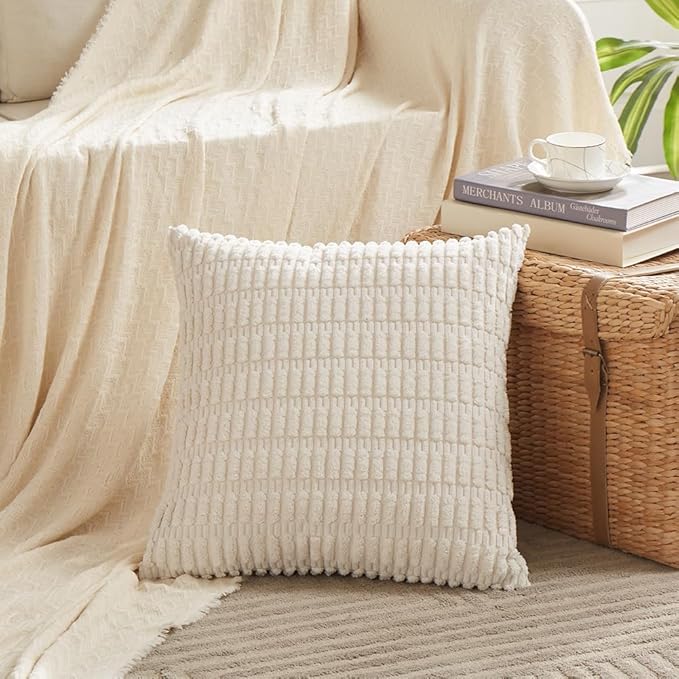 Fancy Homi 4 Packs Boho Cream Decorative Throw Pillow Covers 14x14 Inch for Living Room Couch Bed Sofa, Rustic Modern Farmhouse Home Decor, Soft Plush Corduroy Beige Cute Square Cushion Case 35x35 cm