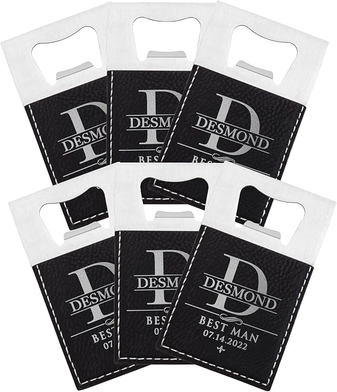 SET OF 6 - Groomsmen Gifts, Personalized Bottle Openers for Groomsman, Best Man, Groom, Custom W/Name - Title - Date, Men Gift Sets - 3 Color Options - Laser Engraved Men Gifts, Bachelor Party Favors