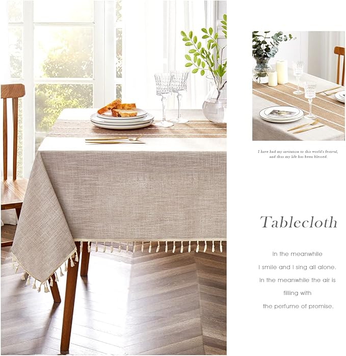 QIANQUHUI Embroidered Tablecloth for Dining Table,Rustic Farmhouse Kitchen Table Cover, Dust Proof Spillproof Soil Resistant Cotton Linen Rectangle Tablecloths（L-Coffee,55x86 inch）