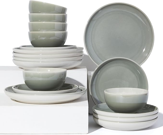 Stoneware Dinnerware Sets for 6, Microwave Safe Plate and Bowl Set, Easy to Clean & Durable Dishes Sets for Small to Medium Families, Gray Green