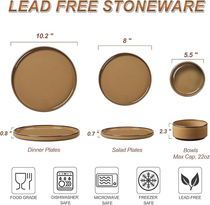 LIANYU 24 Piece Stoneware Dinnerware Sets, Modern Plates and Bowls Dishes Set for 8, Elegant Dinning Dishware for Dinner Salad Cereal, Dishwasher & Microwave Safe, Amber Gold