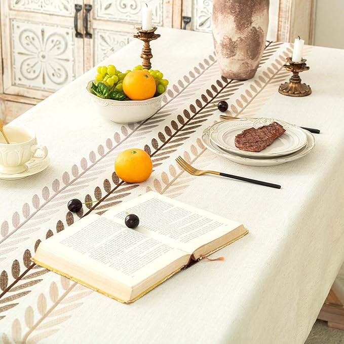 SIELUNO Rectangle Tablecloth Cotton Linen Waterproof Table Cloth Rustic Farmhouse Table Cover for Holiday Parties Christmas Kitchen Dining Decoration-Beige Leaf-54"x70"