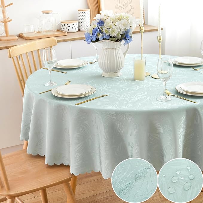 Round Tablecloth 80 Inch Fabric Table Cloth Leaves Pattern Scalloped Edge Silky Soft Tablecloth Waterproof Wrinkle Resistant Washable Table Cover Dinning Party Banquet Decoration (Aqua)