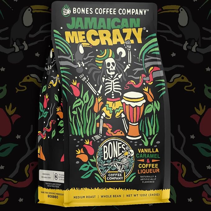 Bones Coffee Company Jamaican Me Crazy, Vanilla Caramel Flavored Coffee, Medium Roast Low Acid Arabica Beans Compatible with Auto drip and French Press Coffee Maker, 12 Oz Whole Bean